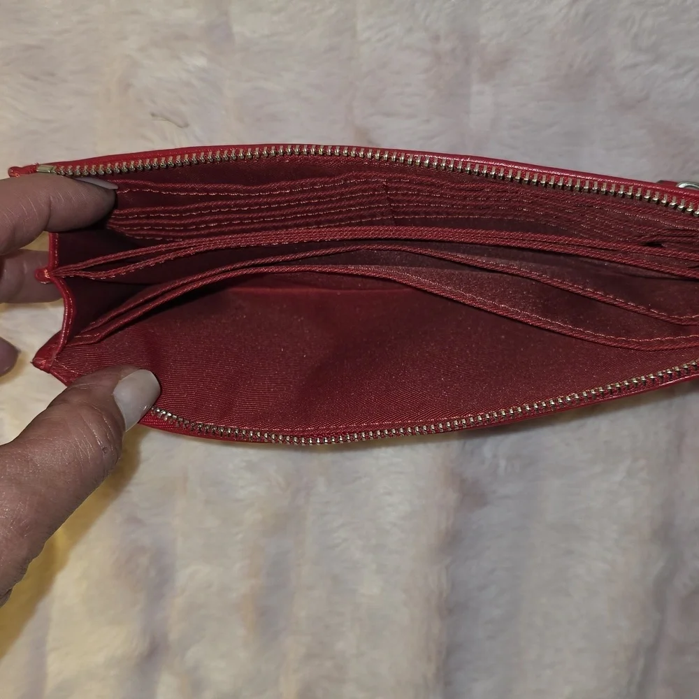 Coach Jacquard And Red Leather Wallet With Strap